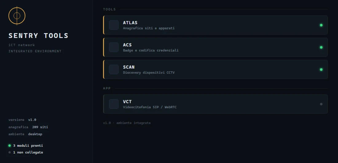 SENTRY Tools — l'ambiente che raccoglie i moduli di campo